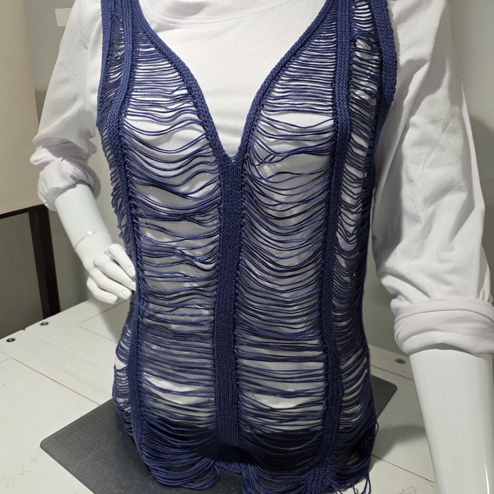 Boho Blue Distressed Knit Tank Vest – Layered Crochet Look Festival Top